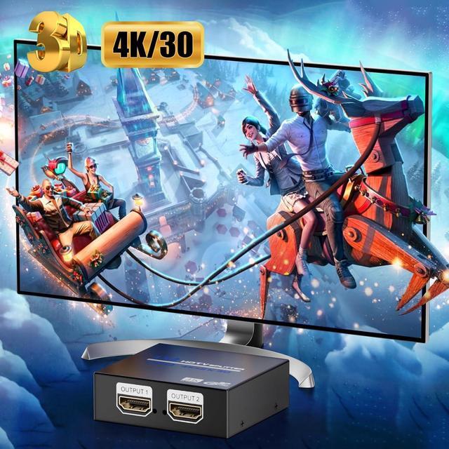 BUCIER HDMI Splitter 1 In 2 Out 4K 1x2 Powered HDMI Multi-Port Adapter For Dual Monitor Support 4K UltraHD 3D HDR Duplicate/Mirror Screens Ideal For Xbox Ps5 Ps4 Ps3 Fire Stick Blu-Ray Player HDTV