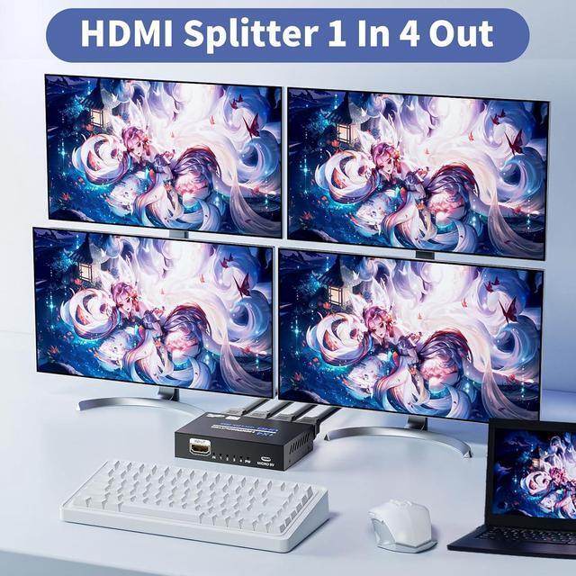 BUCIER HDMI Splitter 1 In 4 Out 4K 30Hz Powered 1x4 HDMI Video Splitter 4 Ports With Power Cord Duplicate/Mirror Screen Supports UltralHD 3D 1080P HDCP 1.4 For HDTV DVD PS5/4/3 Projector Etc