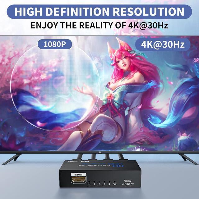 BUCIER HDMI Splitter 1 In 4 Out 4K 30Hz Powered 1x4 HDMI Video Splitter 4 Ports With Power Cord Duplicate/Mirror Screen Supports UltralHD 3D 1080P HDCP 1.4 For HDTV DVD PS5/4/3 Projector Etc