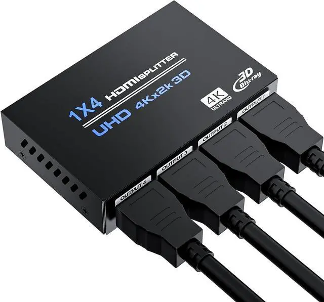 BUCIER HDMI Splitter 1 in 4 Out 4K 30Hz Powered 1x4 HDMI Video Splitter 4 Ports with Power Cord Duplicate/Mirror Screen Supports UltralHD 3D 1080P HDCP 1.4 for HDTV DVD PS5/4/3 Projector Etc