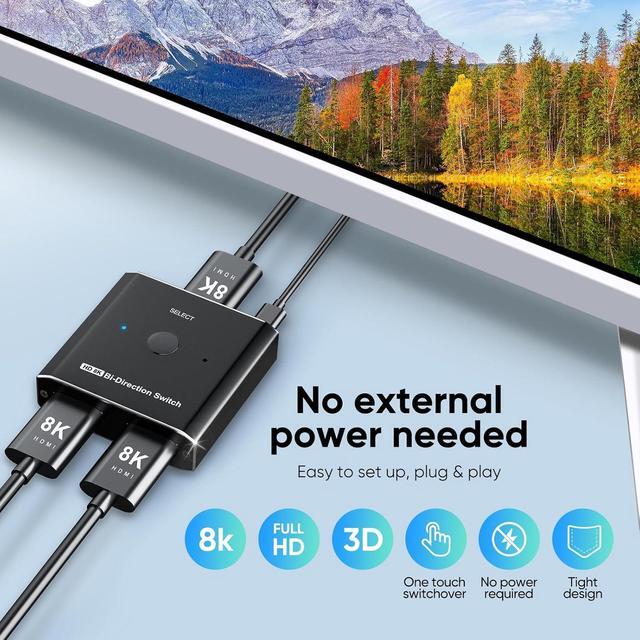 BUCIER HDMI Switch Splitter 8K 60Hz Bi-Directional 2 In 1 Out Or 1 In 2 Out HDMI 2.1 Switch Splitter Button Switch With EDID Adaptive Compatible With The Xbox Series PS5 Plug And Play