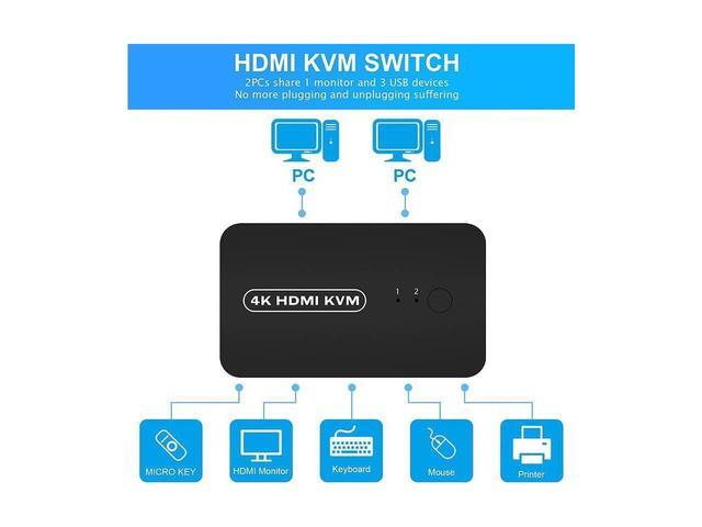 BUCIER HDMI USB KVM Switch Selector For 2 Computers Share Keyboard Mouse Printer And One HD 4K Monitor 2 KVM Cables Included