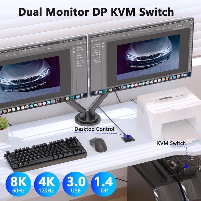 BUCIER KVM Switch 2 Monitors 2 Computers DisplayPort 8K 60Hz USB 3.0 KVM Switches For 2 Computers Share Dual Monitor And 4 USB Devices DisplayPort KVM With Wired Controller Support Extend/Copy Mode