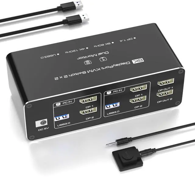 BUCIER KVM Switch 2 Monitors 2 Computers DisplayPort 8K 60Hz USB 3.0 KVM Switches for 2 Computers Share Dual Monitor and 4 USB Devices DisplayPort KVM with Wired Controller Support Extend/Copy Mode