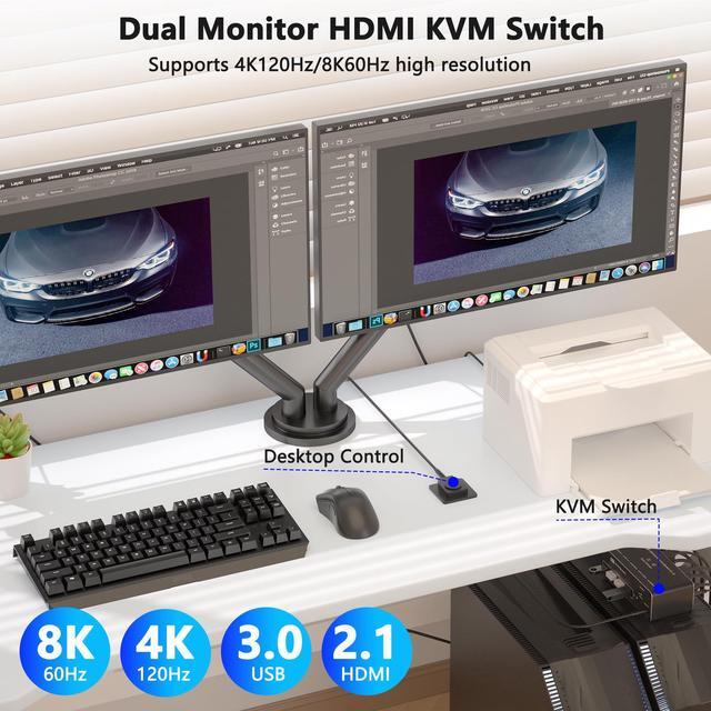 BUCIER KVM Switch 2 Monitors 2 Computers HDMI KVM Switches 8K 60Hz USB 3.0 Switch For 2 PC Share 2 Screens Support Extended/Copy Mode With Desktop Controller With 2 USB Cables & Desktop Controller
