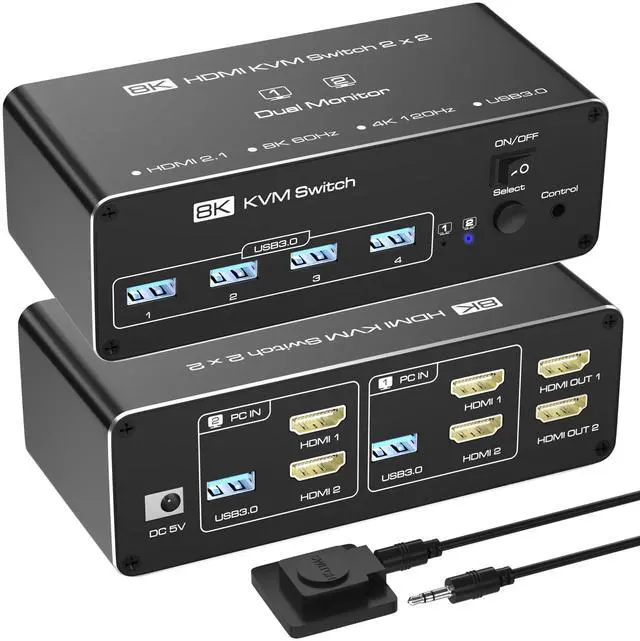 BUCIER KVM Switch 2 Monitors 2 Computers HDMI KVM Switches 8K 60Hz USB 3.0 Switch for 2 PC Share 2 Screens Support Extended/Copy Mode with Desktop Controller with 2 USB Cables & Desktop Controller