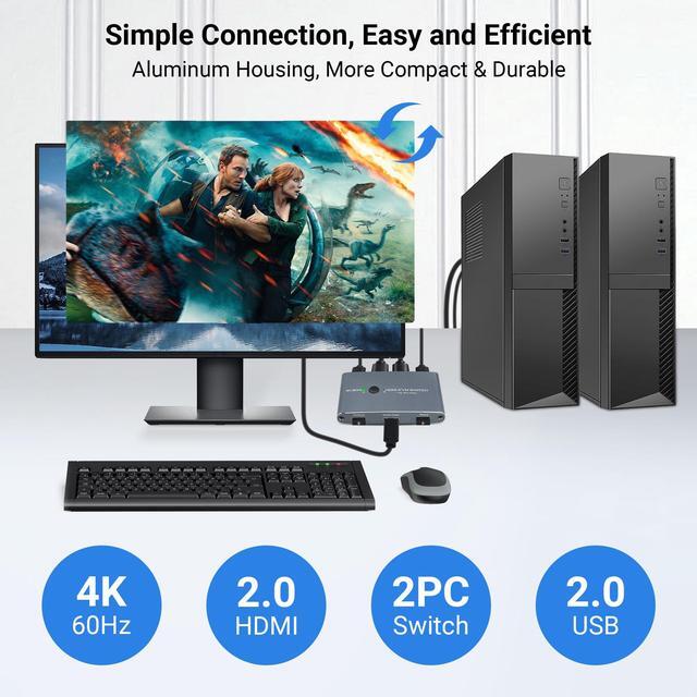 BUCIER KVM Switch HDMI 2 Port Aluminum KVM Switch HDMI USB Switch For 2 Computers Sharing Mouse Keyboard Printer To 1 HD Monitor Support 4K 60Hz With 2 HDMI Cables And 2 USB Cables Included