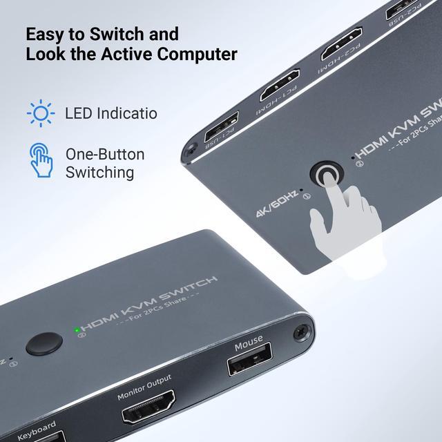 BUCIER KVM Switch HDMI 2 Port Aluminum KVM Switch HDMI USB Switch For 2 Computers Sharing Mouse Keyboard Printer To 1 HD Monitor Support 4K 60Hz With 2 HDMI Cables And 2 USB Cables Included
