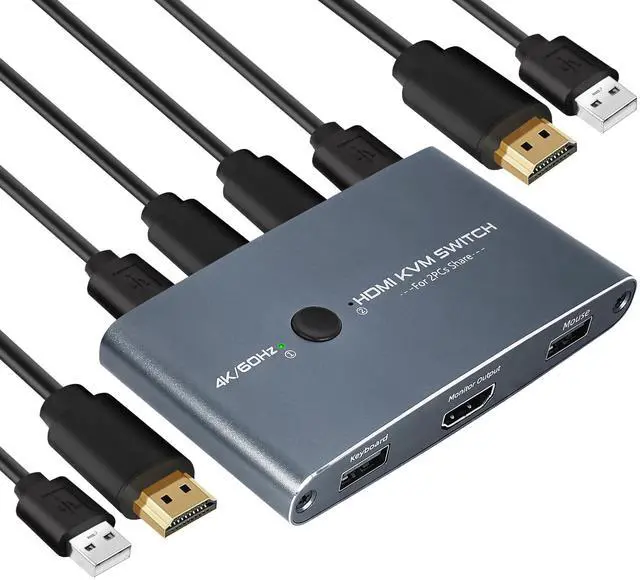 BUCIER KVM Switch HDMI 2 Port Aluminum KVM Switch HDMI USB Switch for 2 Computers Sharing Mouse Keyboard Printer to 1 HD Monitor Support 4K 60Hz with 2 HDMI Cables and 2 USB Cables Included