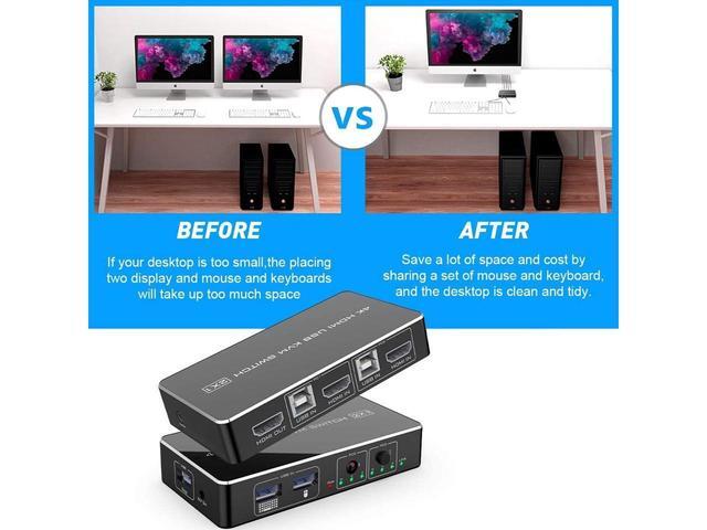 BUCIER KVM Switch HDMI 2 Port Box Rocketek 2 USB 2.0 Hub Share 2 Computers To One HD Monitor 4K 30Hz KVM Switcher Adapter USB Switch Support Wireless Keyboard And Mouse Connections With 2 USB Cable