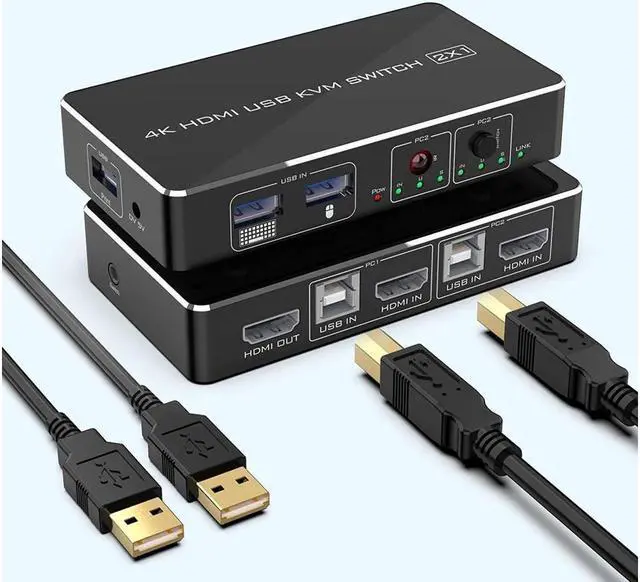 BUCIER KVM Switch HDMI 2 Port Box Rocketek 2 USB 2.0 Hub Share 2 Computers to One HD Monitor 4K 30Hz KVM Switcher Adapter USB Switch Support Wireless Keyboard and Mouse Connections with 2 USB Cable