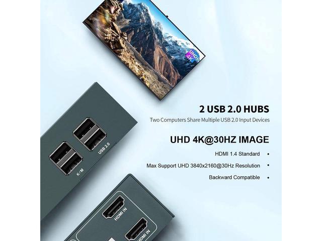 BUCIER KVM Switch HDMI Dual Monitor Extended Display 2 Port 2 USB 2.0 Hub UHD 4K 30Hz YUV4:4:4 Downward Compatible Hotkey Switch With All Needed Cables No Adapter Required