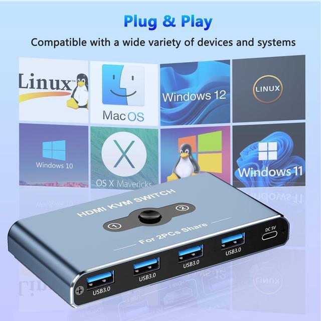 BUCIER KVM Switch KVM Switch 1 Monitors 2 Computers HDMI Switch 4K 60Hz KVM Switches For 2 Computers Sharing 1 Monitor 4 USB 3.0 Devices Such As Keyboard Mouse Printer Scanner(Grey)