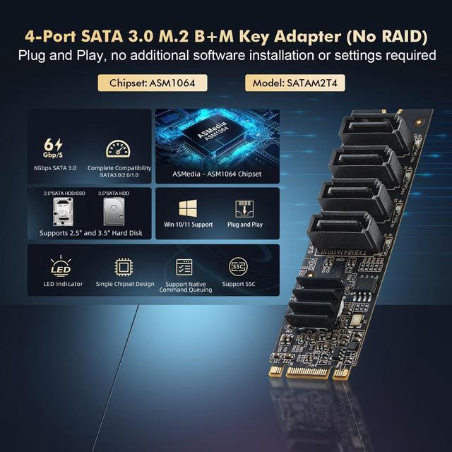BUCIER M.2 To SATA Card 4 Port 6Gbps SATA 3.0 Controller Includes 4 SATA Cables For Windows 10/11
