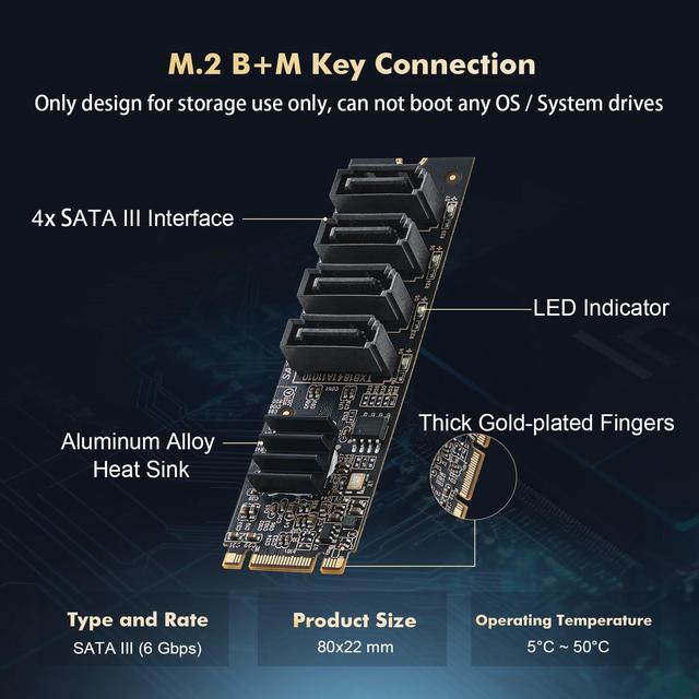 BUCIER M.2 To SATA Card 4 Port 6Gbps SATA 3.0 Controller Includes 4 SATA Cables For Windows 10/11