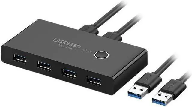 BUCIER UGREEN USB 3.0 Sharing Switch Selector 4 Port 2 Computers Peripheral Switcher Adapter Hub for PC Printer Scanner Mouse Keyboard with One Button Swapping and 2 Pack USB Male Cable