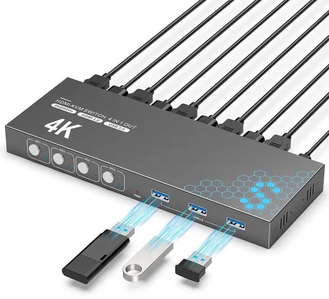 BUCIER USB 3.0 HDMI KVM Switch 1 Monitors 4 Computers 4K 60Hz KVM Switches for 4 Computers Sharing Monitor Keyboard Mouse Hard Drives Printer with EDID Adaptive 1 HDMI Cable and 4 USB Cable
