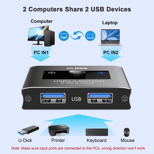 BUCIER USB 3.0 Switch 2 In 2 Out USB Switcher For 2 Computers Share Keyboard Mouse Printer Scanner KVM Switch Selector Compatible With Windows Mac Linux Includes 2 USB-A 3.0 Cables