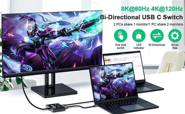 BUCIER USB C Switch Bi-Directional Switcher 1 In 2 Out/2 In 1 Out USB Switch Selector 2 Computers Share 1 Devices USB KVM Switch 8K 60Hz Video 10Gbps Data Transfer 100W Charging USB-C Cables Included