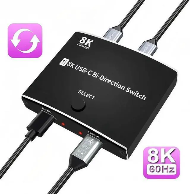 BUCIER USB C Switch Bi-Directional Switcher 1 in 2 Out/2 in 1 Out USB Switch Selector 2 Computers Share 1 Devices USB KVM Switch 8K 60Hz Video 10Gbps Data Transfer 100W Charging USB-C Cables Included