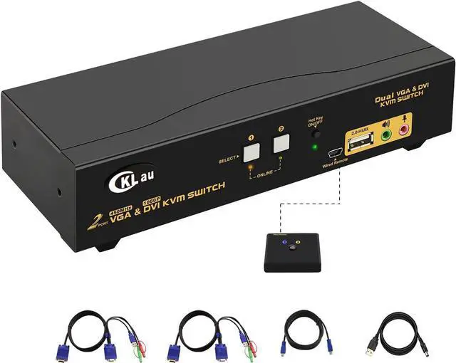 CKL 2 Port Dual Monitor KVM DVI + VGA Extended Display with Audio Microphone USB 2.0 Hub and Cables