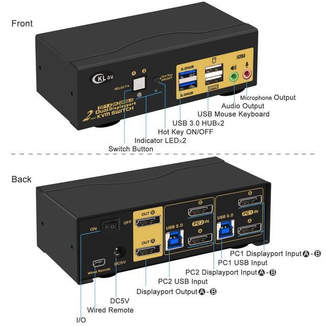 CKL 2 Port USB 3.0 Dual Monitor KVM Switch Displayport 1.4 8K 30Hz 4K 144Hz With Audio And Cables For 2 Computers Support Hotkey Switching