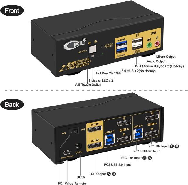 CKL 2 Port USB 3.0 KVM Switch Dual Monitor DisplayPort 1.4 4K 144Hz 8K 30Hz For 2 Computers PC Screen Keyboard Mouse Peripheral Audio Sharing Selector Box With All Cables (622DP-4)