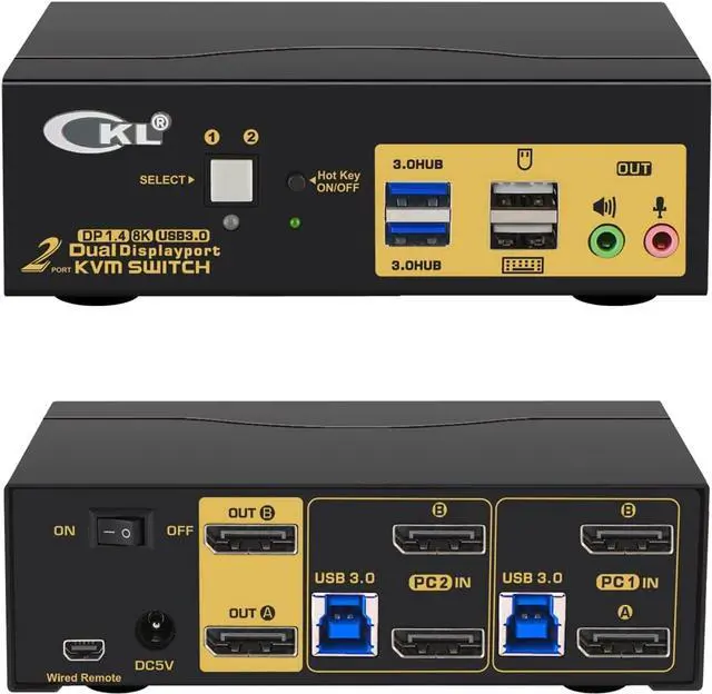 CKL 2 Port USB 3.0 KVM Switch Dual Monitor DisplayPort 1.4 4K 144Hz 8K 30Hz for 2 Computers PC Screen Keyboard Mouse Peripheral Audio Sharing Selector Box with All Cables (622DP-4)
