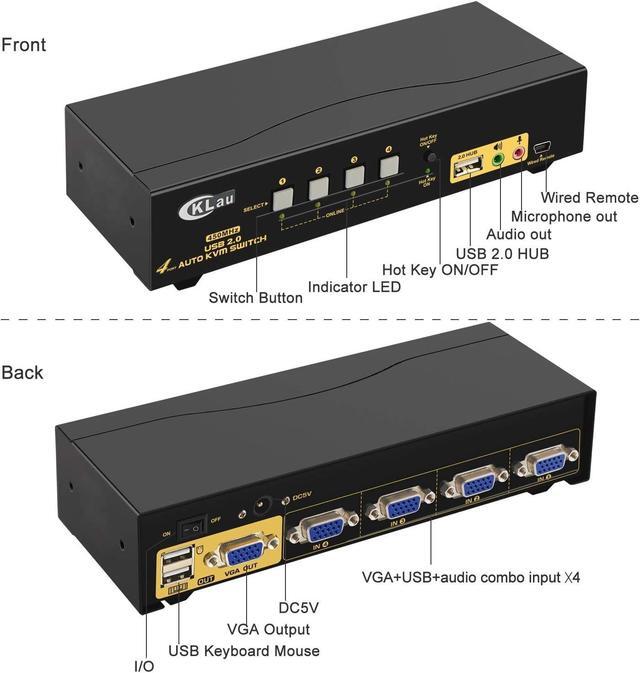 CKL 4 Port 450MHz USB Auto VGA KVM Switch With Audio And Cables Monitor Switch For Multiple Computers Support Windows Linux Mac Debian Ubuntu Fedora Raspbian Ubuntu