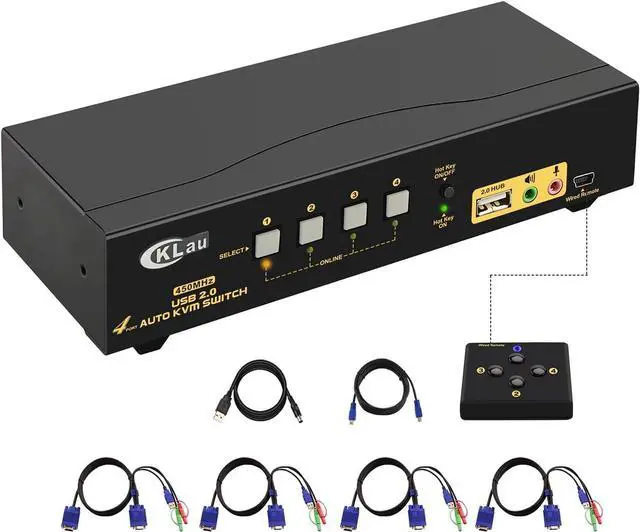 CKL 4 Port 450MHz USB Auto VGA KVM Switch with Audio and Cables Monitor Switch for Multiple Computers Support Windows Linux Mac Debian Ubuntu Fedora Raspbian Ubuntu