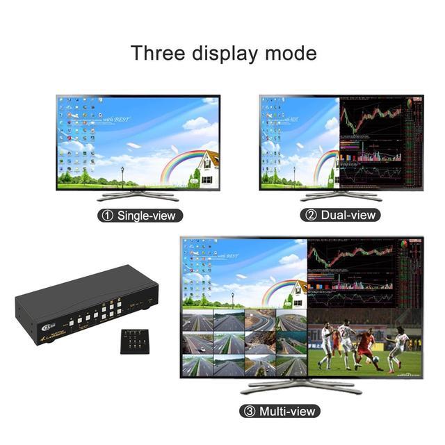 CKL 4Kx2K 30Hz 4 Port Multi-View HDMI KVM Switch With Cables Audio And USB 2.0 Hub Supports Quad Screen Divide-View Sync-View Single-View Switching Up To 7 Viewing/Operating Modes