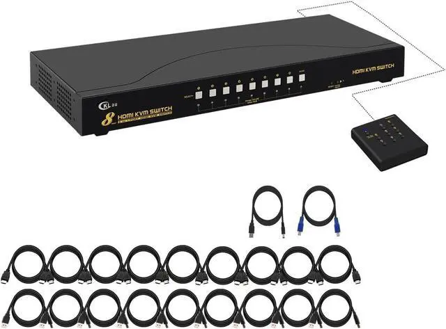 CKL 4Kx2K 8 Port HDMI KVM Switch with Cables and USB 2.0 Hub Rack Mount KVM Switch Supports Keyboard Mouse Switching for Windows Linux Mac Debian Ubuntu Fedora Raspberry Pi and Ubuntu