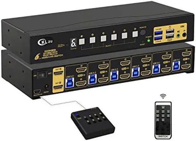 CKL 6 Port Rack Mount HDMI KVM Switch Dual Monitor 4K60Hz with Audio 2 pcs USB 3.0 Hub and Cables for 6 Computers 2 Monitors Supports IR Wireless Hotkey Manual Wired Remote Switching
