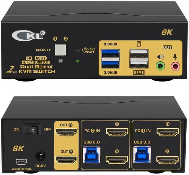 CKL 8K HDMI 2.1 KVM Switch (2 Computers 2 Monitors)