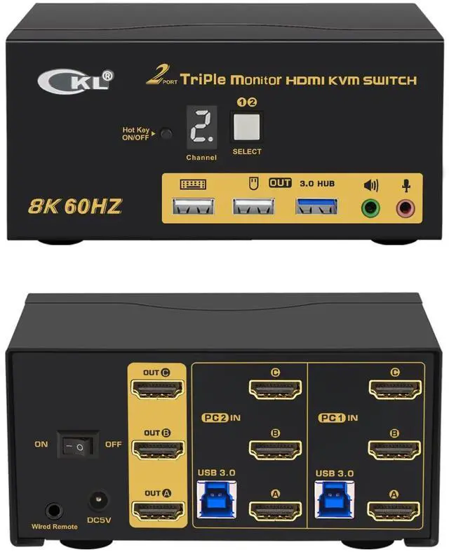 CKL 8K HDMI 2.1 KVM Switch (2 Computers 3 Monitors with EDID)