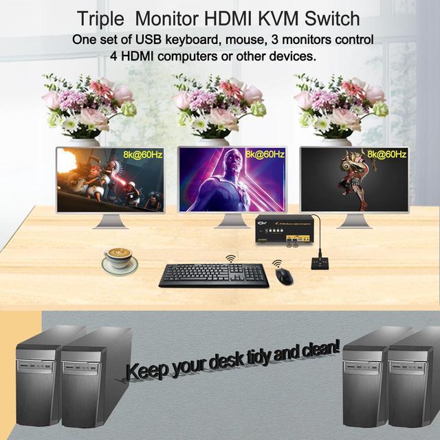CKL 8K HDMI 2.1 KVM Switch (4 Computers 3 Monitors With EDID)