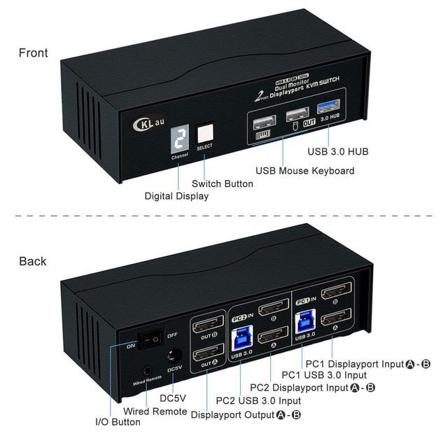 CKL 8K30Hz 4K144Hz Dual Monitor KVM Switch Displayport 1.4 2 Port USB 3.0 DP KVM Switch 2 Monitors 2 Computers With Cables Digital Display
