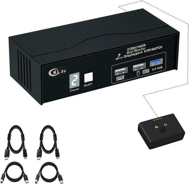 CKL 8K30Hz 4K144Hz Dual Monitor KVM Switch Displayport 1.4 2 Port USB 3.0 DP KVM Switch 2 Monitors 2 Computers with Cables Digital Display