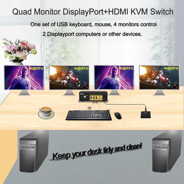 CKL DisplayPort MST KVM Switch (2 DP In 2 DP + 2 HDMI Out For 2 Computers 4 Monitors