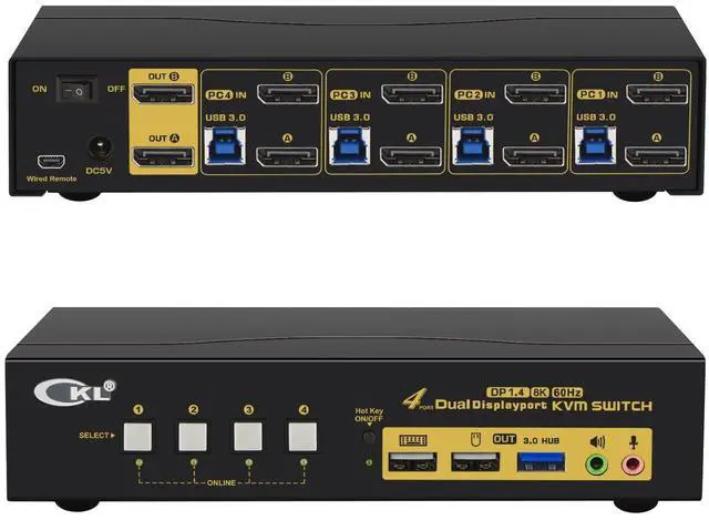 CKL KVM Switch DisplayPort 1.4 8K 30Hz 5K 60Hz 4K 144Hz(4 Computers 2 Monitors)