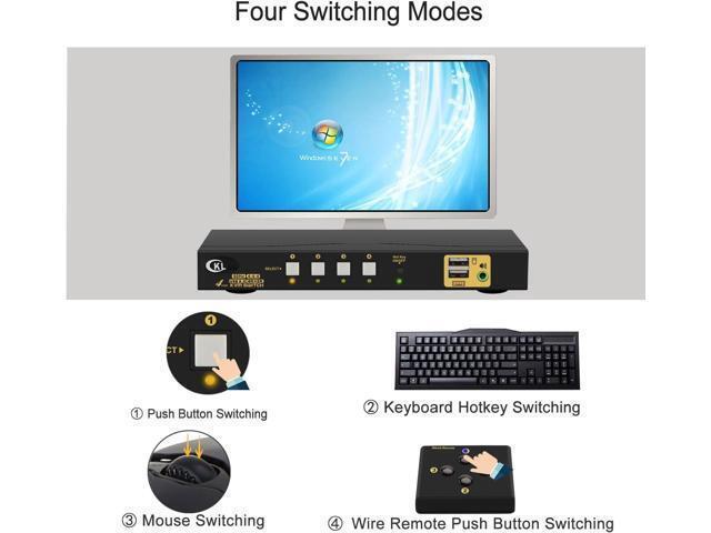 CKL KVM Switch HDMI 4 Port With USB Audio And 4 KVM Cables 4 Port HDMI KVM Switch Support 4K 60Hz 4:4:4 EDID Support Wireless Keyboard Mouse