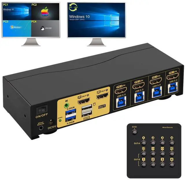 CKL USB 3.0 Multi-View HDMI KVM Switch 4K 30Hz for 4 Computers 2 Monitors Supports Quad + Single View Matrix PIP and Versatile Display Options CKL-42MVKVM
