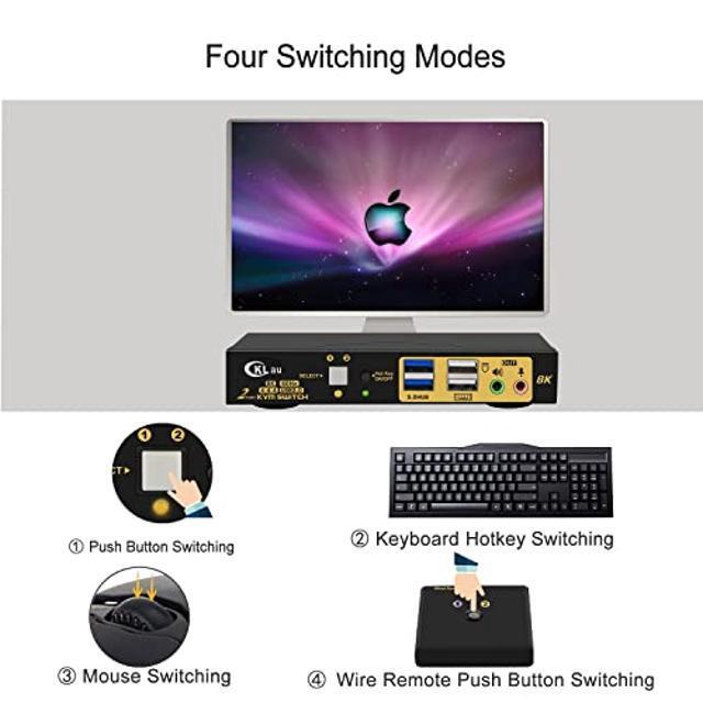 CKLau 2 Port 8K60Hz 4K144Hz HDMI KVM Switch With Cables Audio Microphone And 2 Pcs USB 3.0 Peripheral Hub For Keyboard Mouse 2 Computers Sharing One Monitor