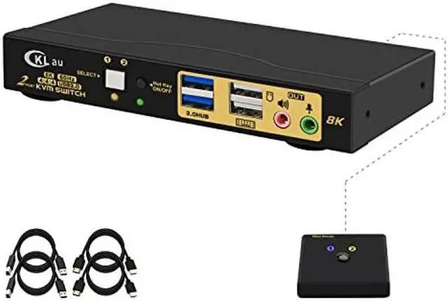 CKLau 2 Port 8K60Hz 4K144Hz HDMI KVM Switch with Cables Audio Microphone and 2 pcs USB 3.0 Peripheral Hub for Keyboard Mouse 2 Computers Sharing One Monitor