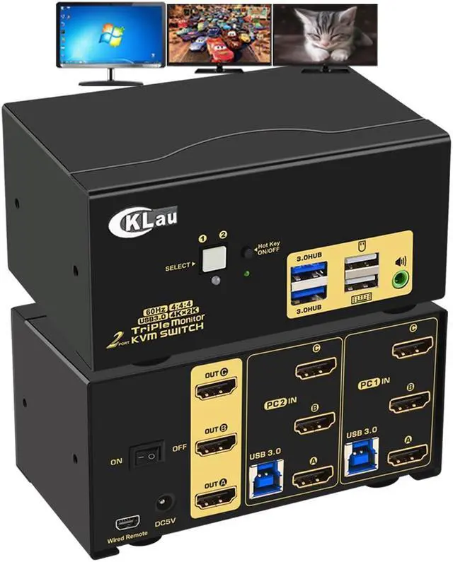 CKLau 2 Port Triple Monitor KVM Switch HDMI with Audio Output All Input Cables 2 USB 3.0 Hub for 2 Computers Sharing 3 Monitors Supports Emulation EDID Hotkey Switching