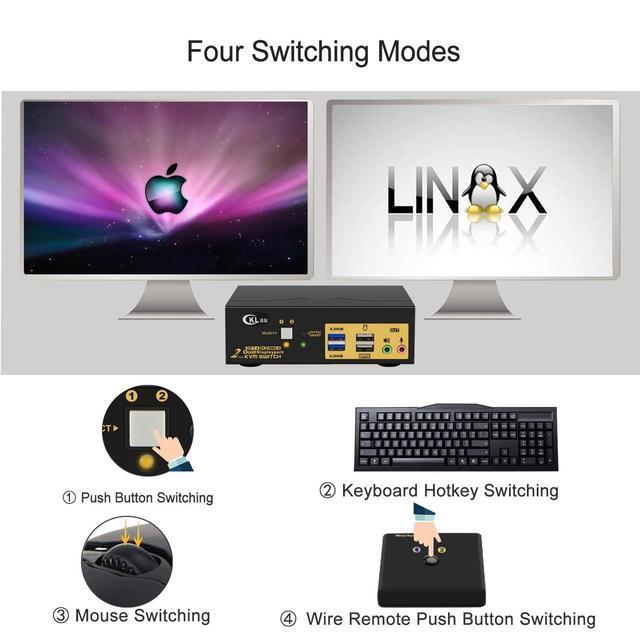 CKLau 2 Port USB 3.0 Dual Monitor KVM Switch Displayport 1.4 8K 30Hz 4K 144Hz With Audio And Cables For 2 Computers Support Hotkey Switching