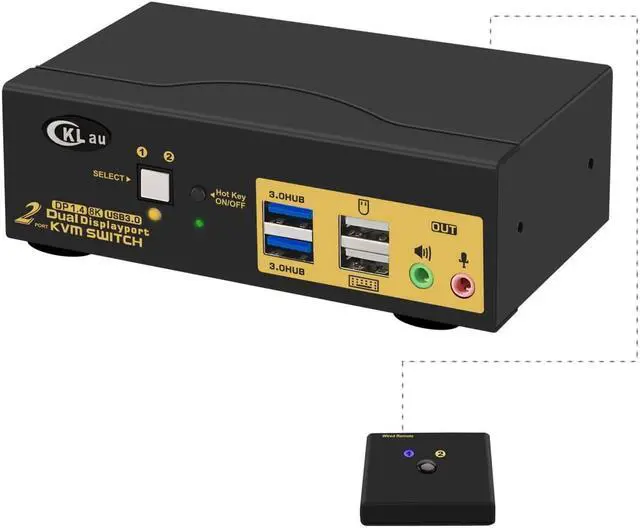 CKLau 2 Port USB 3.0 Dual Monitor KVM Switch Displayport 1.4 8K 30Hz 4K 144Hz with Audio and Cables for 2 Computers Support Hotkey Switching