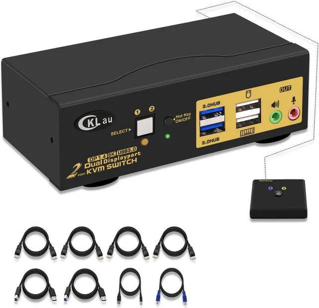 CKLau 2 Port USB 3.0 Dual Monitor KVM Switch Displayport 1.4 Display Port KVM Switch 2 Monitors with Audio and Cables Support 4K 144Hz 8K 30Hz