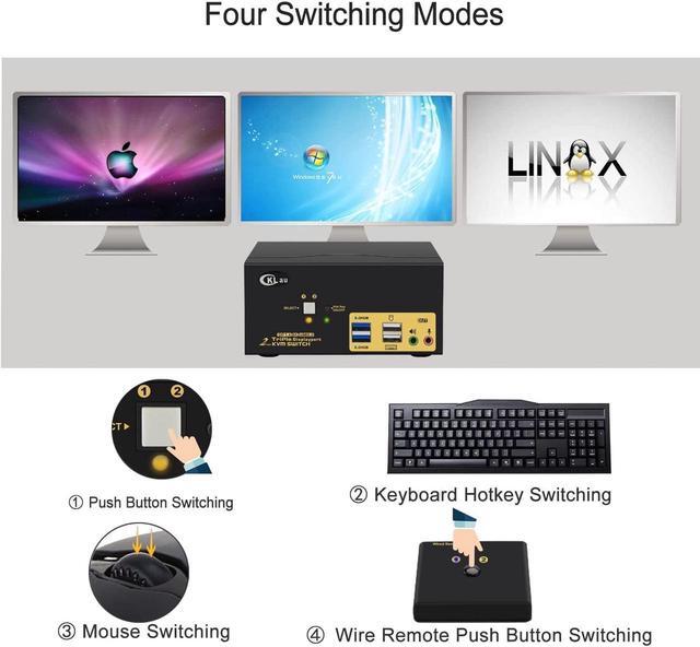 CKLau 2 Port USB 3.0 Triple Monitor KVM Switch Displayport 1.4 Support 8K 30Hz 4K 144Hz 2 Computers 3 Monitors Video Keyboard Mouse Peripheral Audio Sharing Selector Box With Cables