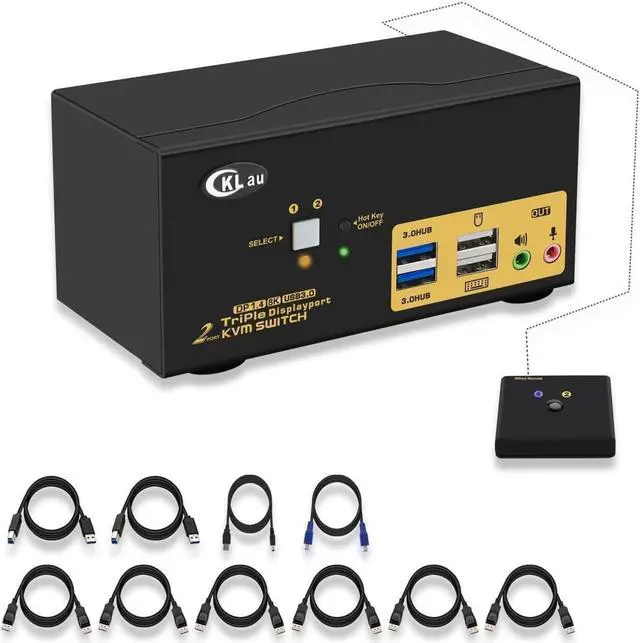 CKLau 2 Port USB 3.0 Triple Monitor KVM Switch Displayport 1.4 Support 8K 30Hz 4K 144Hz 2 Computers 3 Monitors Video Keyboard Mouse Peripheral Audio Sharing Selector Box with Cables